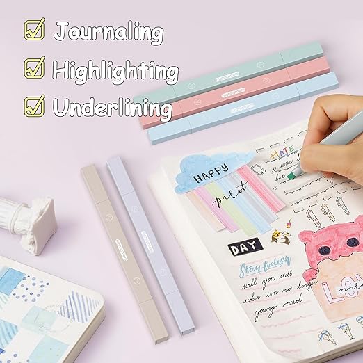 Aesthetic Cute Highlighters, Pastel Highlighters and Pens, No-Bleed School Supplies and Office Journal DIY Home - Dual Tip Multicolour