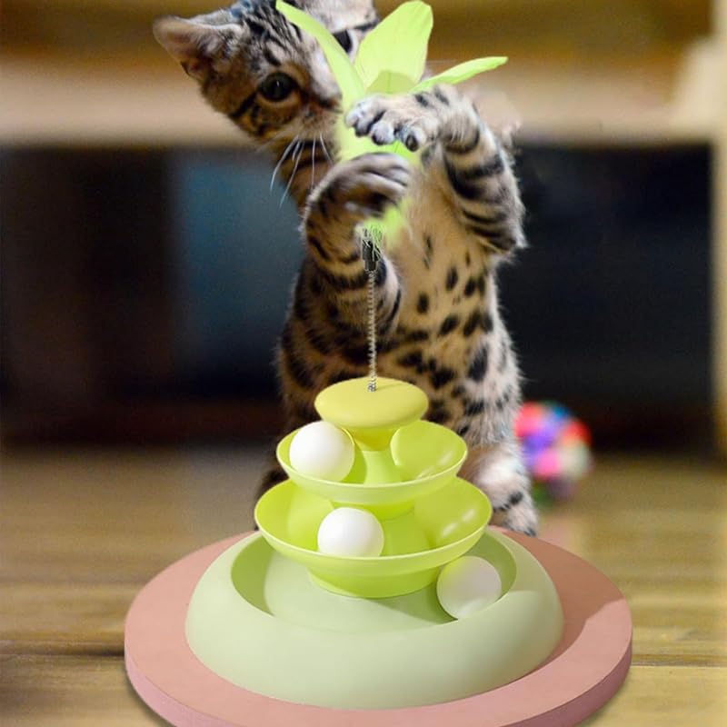 Tower Toy For Cats and Kittens With Spring feather & balls | Interactive Toy | Colour May Vary