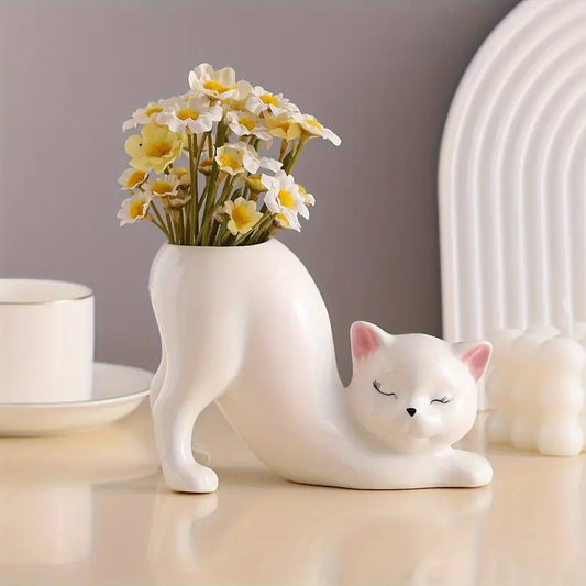 Cute Cat-Shaped Resin Vase | Tailless Cat Little Planter Pot, Succulent Indoor Flower Pot | Home Decor Plant Pot Holder, Novelty Ceramic Bonsai Flowerpot | Ideal For Gifts, Office Desk Or Home Decor | Classic Decorative Figurine