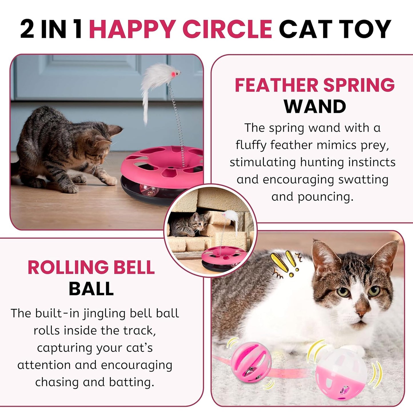 Cat Happy Circle with Ball Bell and Feather Mouse Attached for Cats and Kittens (Color May Vary) | Interactive Fun Toy for Exercise and Physical Health of Cats & Kittens