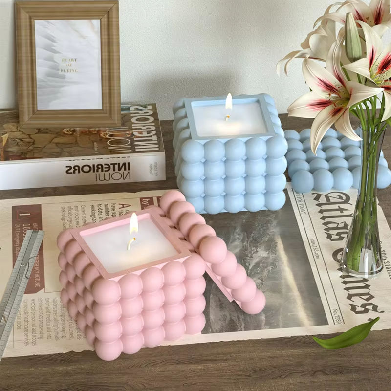 Custom Homemade Bubble Cube Candle Jar (Mix Color)