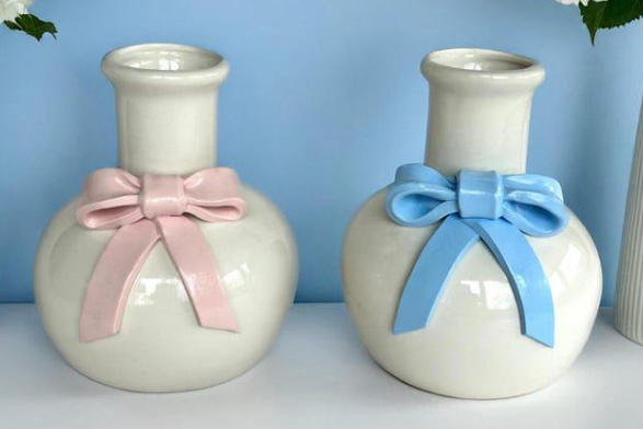 Ceramic Bow Mini Vase – Baby Shower & Gender Reveal Decor | Pink & Blue Gift Pot
