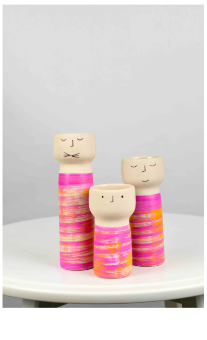 Whimsical Faces Ceramic Vase Trio – Handcrafted Art with a Pop of Color