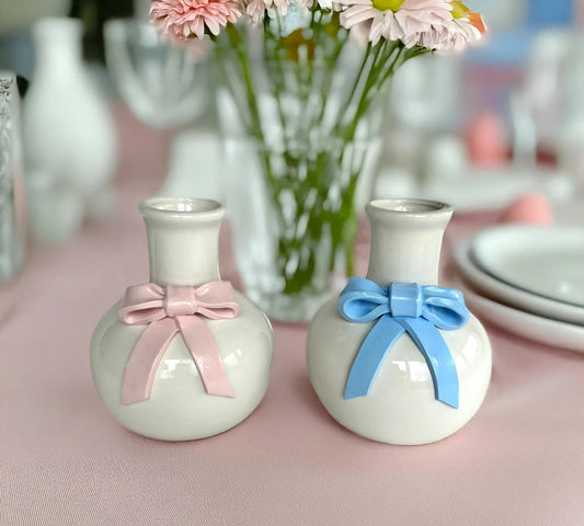 Ceramic Bow Mini Vase – Baby Shower & Gender Reveal Decor | Pink & Blue Gift Pot