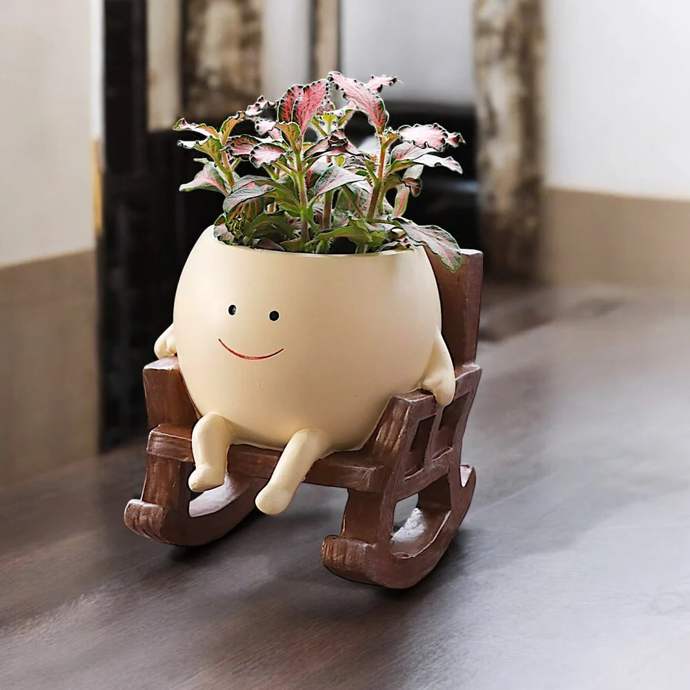 Smily Face Planter Pot for Indoor/Outdoor | Rocking Chair with Drainage Hole, Beige
