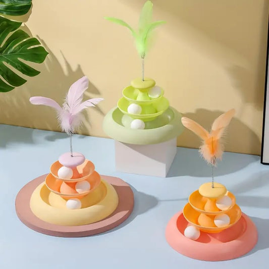 Tower Toy For Cats and Kittens With Spring feather & balls | Interactive Toy | Colour May Vary