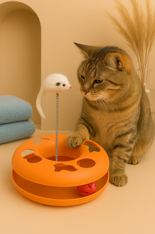 Cat Happy Circle with Ball Bell and Feather Mouse Attached for Cats and Kittens (Color May Vary) | Interactive Fun Toy for Exercise and Physical Health of Cats & Kittens